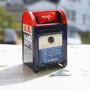 Vintage U.S. Mail Box with Key Tin Litho Coin Bank Toy. Made in Japan.