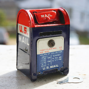 Vintage U.S. Mail Box with Key Tin Litho Coin Bank Toy. Made in Japan.