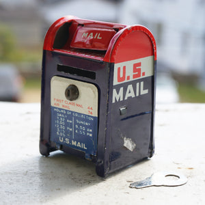 Vintage U.S. Mail Box with Key Tin Litho Coin Bank Toy. Made in Japan.