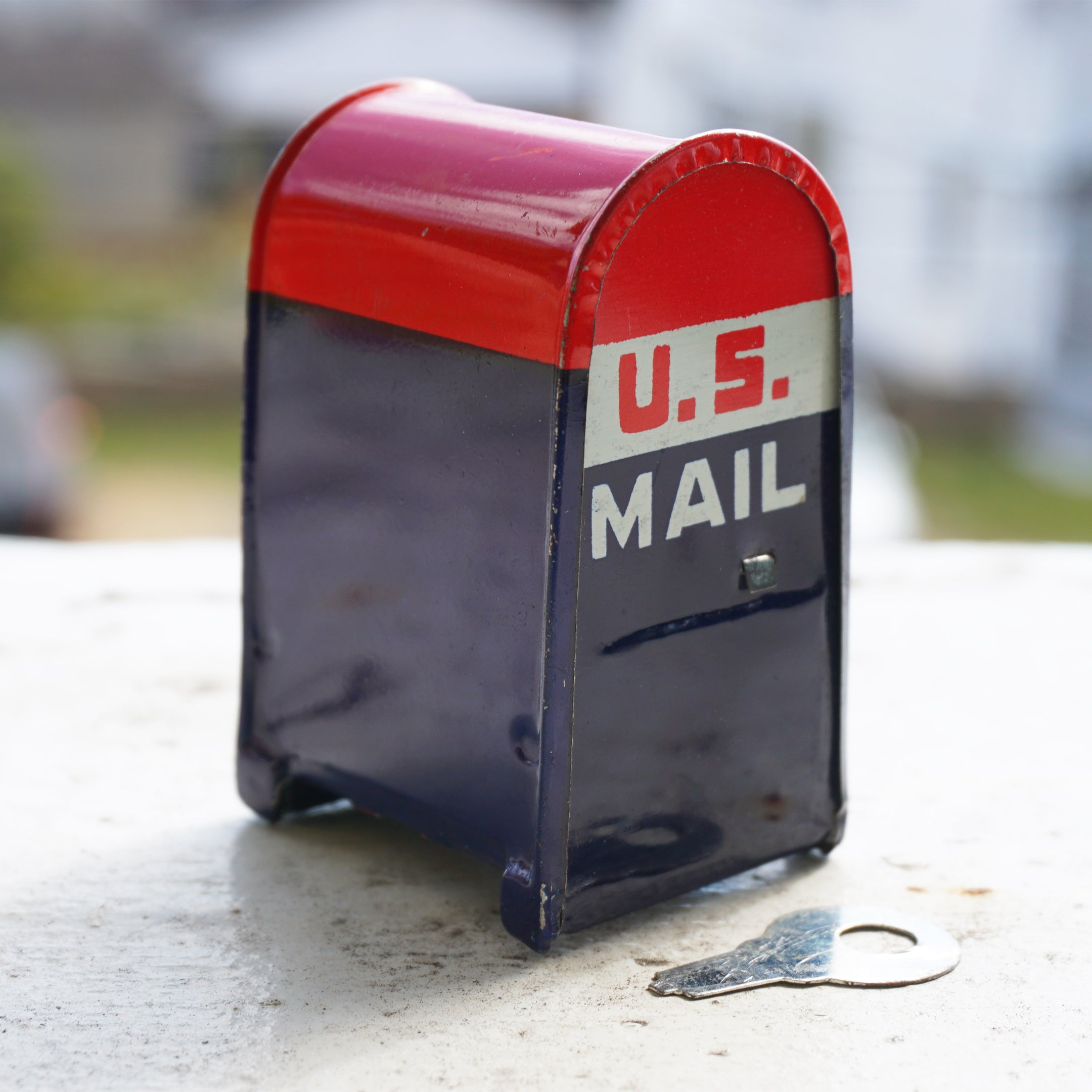 Vintage U.S. Mail Box with Key Tin Litho Coin Bank Toy. Made in Japan.