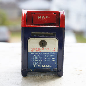 Vintage U.S. Mail Box with Key Tin Litho Coin Bank Toy. Made in Japan.