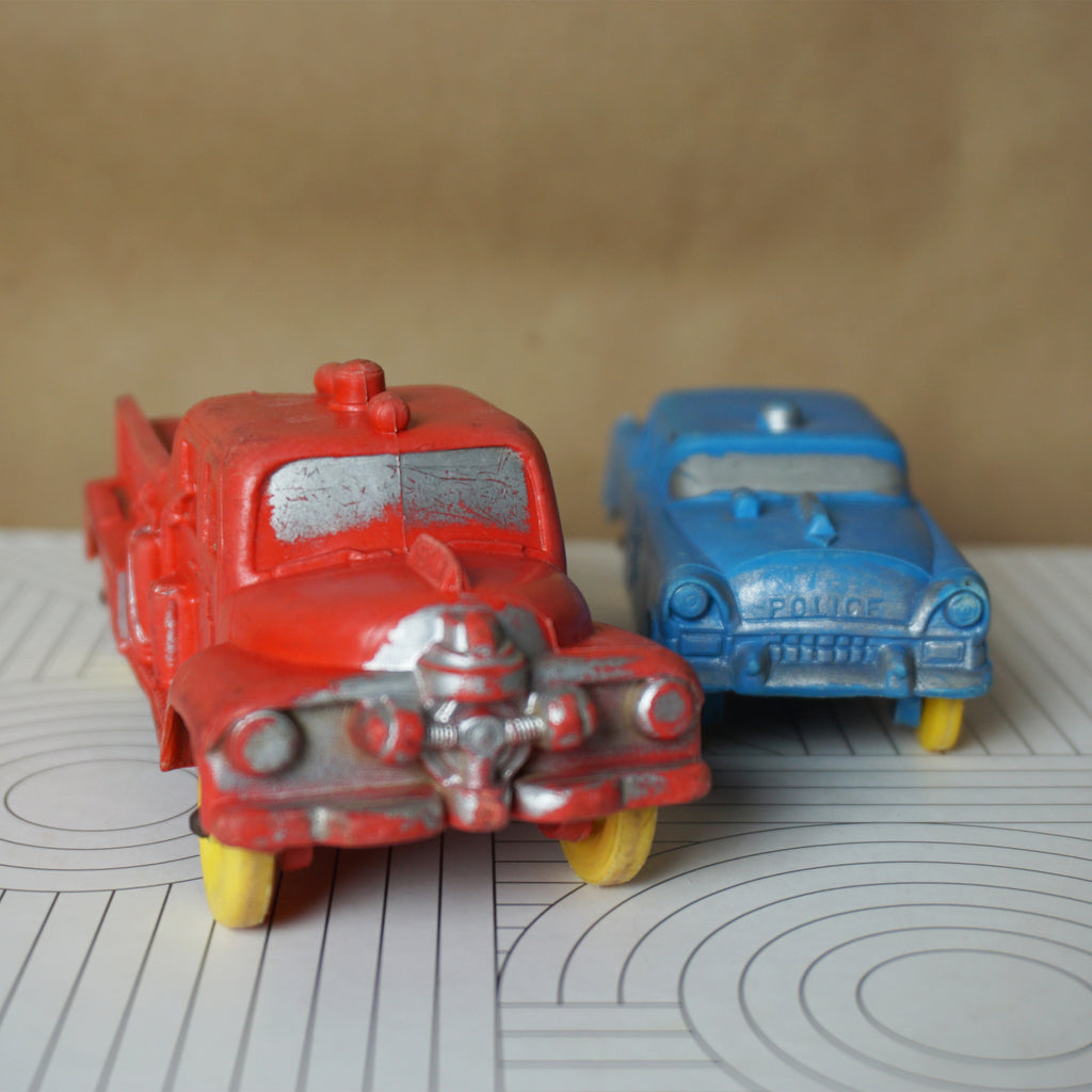 1950s 2x Vintage AUBURN Rubber Toy Vehicles. 576 Police Car & 524 Firetruck.