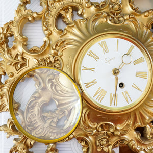 1960s Vintage SYROCO Gold Resin 8-day Windup Rococo & Brass Wall Clock. USA.