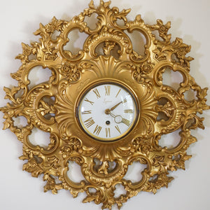 1960s Vintage SYROCO Gold Resin 8-day Windup Rococo & Brass Wall Clock. USA.