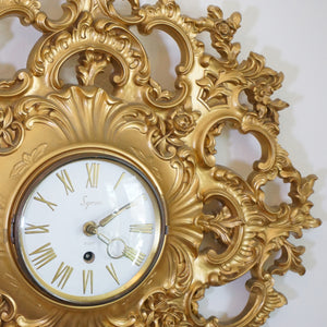 1960s Vintage SYROCO Gold Resin 8-day Windup Rococo & Brass Wall Clock. USA.