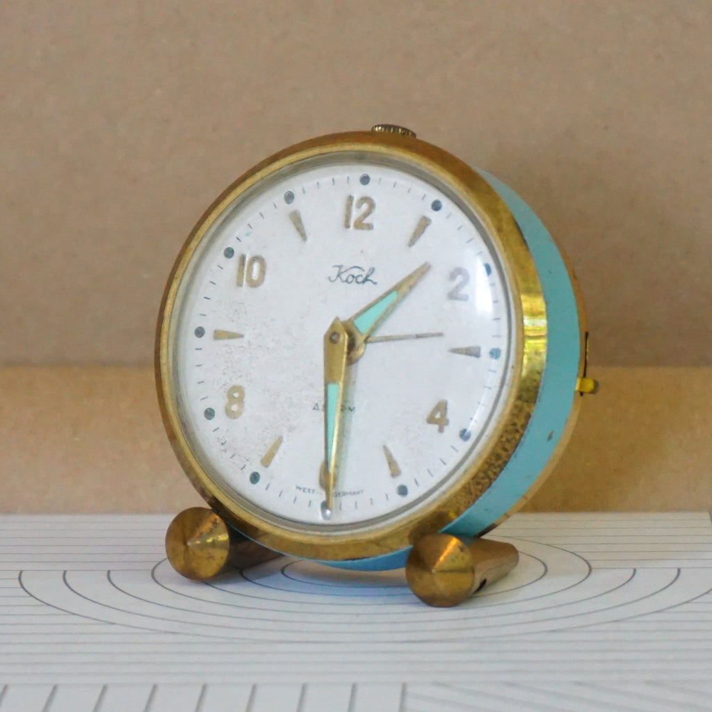 Vintage KOCH Desk/Bedside Gold Tone Teal Wind-up Alarm Clock. Made in West Germany.