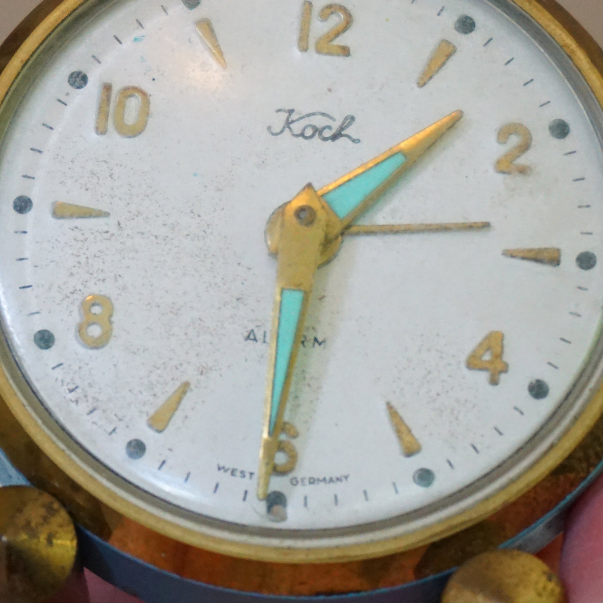 Vintage KOCH Desk/Bedside Gold Tone Teal Wind-up Alarm Clock. Made in West Germany.