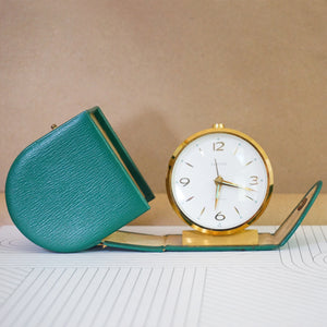 Rare Vintage EUROPA Windup Traveler Gold Tone with Teal Case Alarm Clock. Made in Germany.