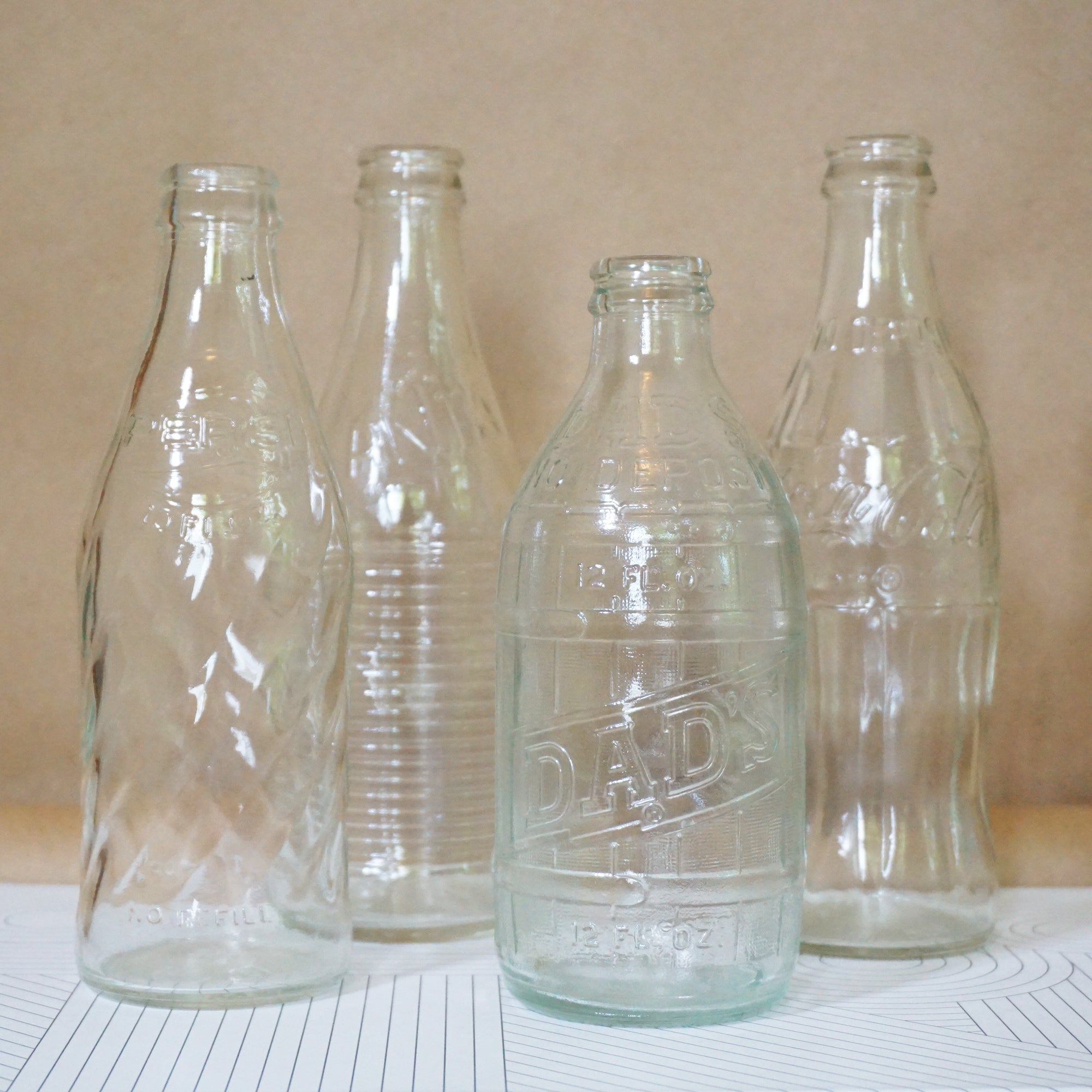 1976 Vintage Set of (4) Vintage Soda Pop Bottles. Pepsi, Fanta, Dad's, Coca-Cola