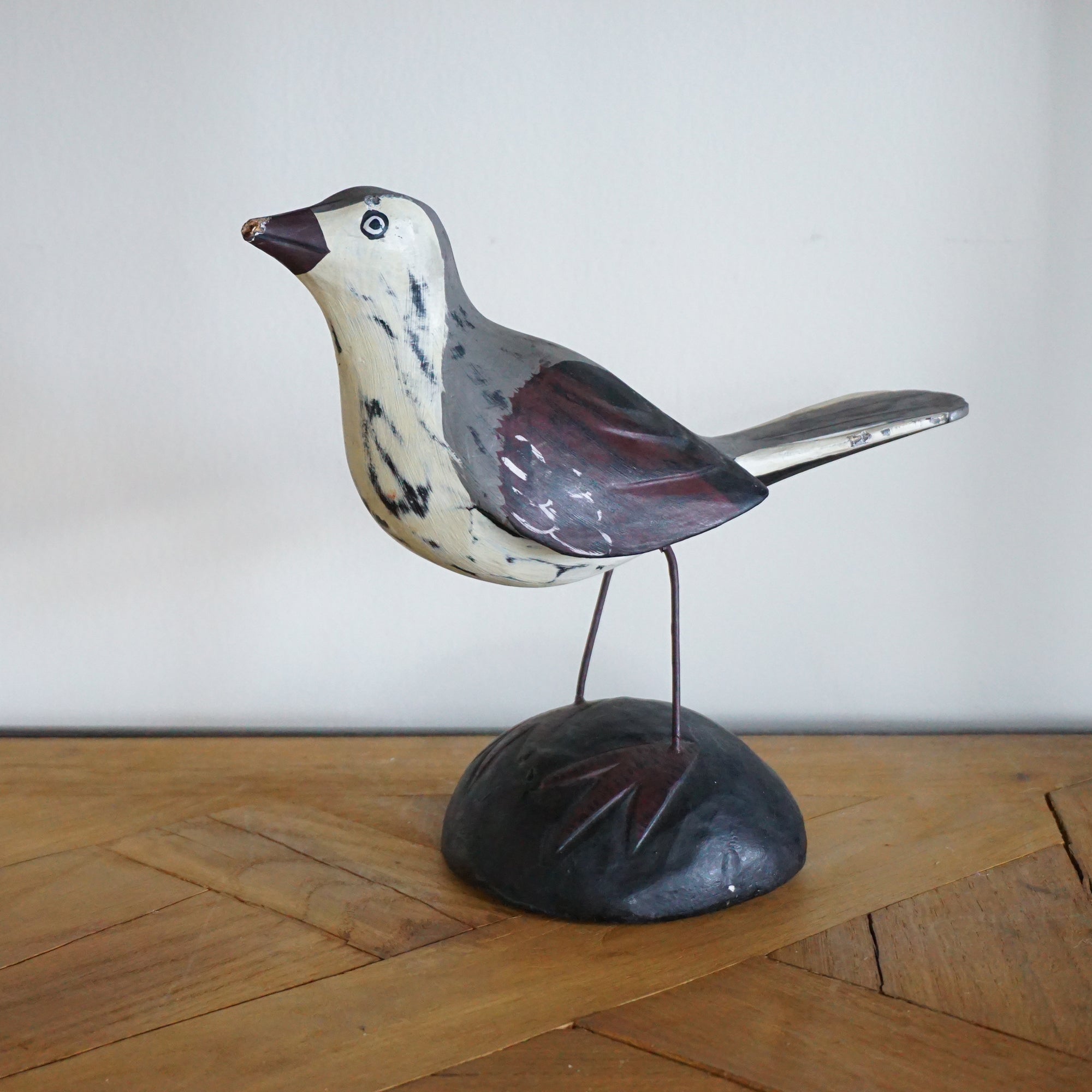 Solid Wood White Wagtail Bird Figurine. Made in Indonesia. 8" Tall.