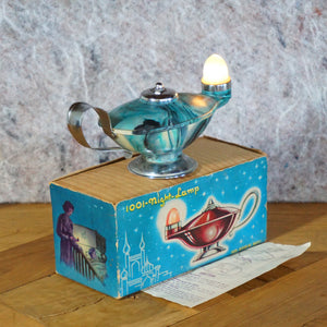 Vintage 1001-NIGHT-LAMP Genie Blue Tie-Dye Color Nightlight. Design No. 903131. Made in Hong Kong, British Empire.