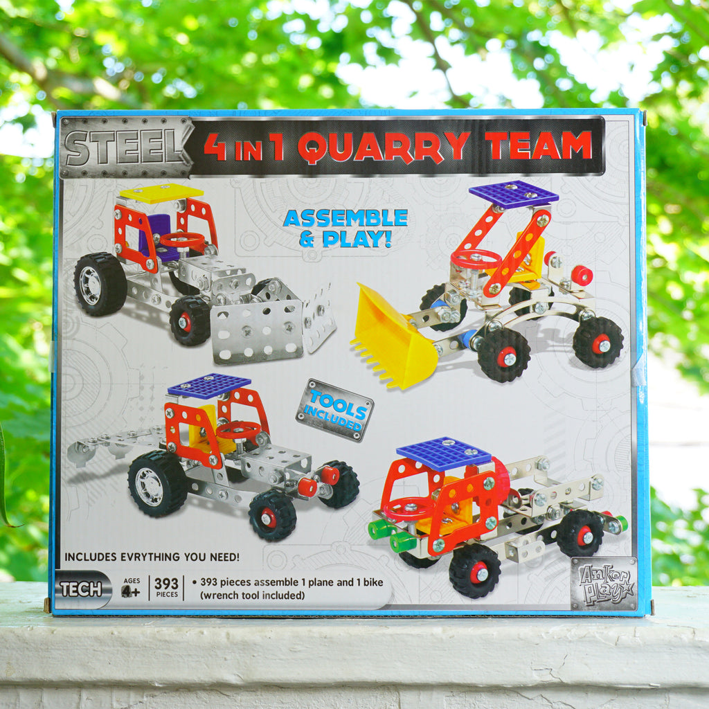 2018 ANKLE PLAY Steel 4-in-1 Quarry Team. Four Vehicle Assemble & Play Set. Designed in USA.