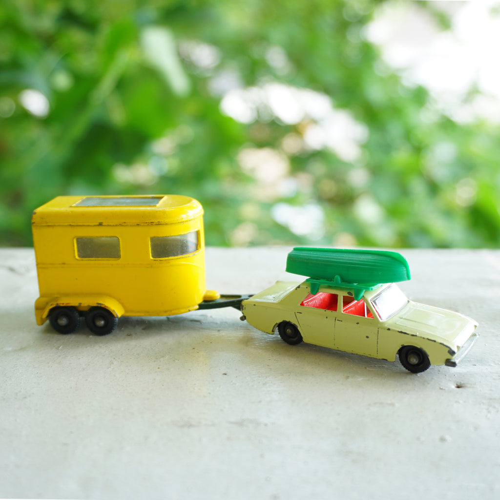 1960s Vintage Original MATCHBOX No. 45 Ford Corsair with Boat & Roof Rack. Made in England by Lesney.