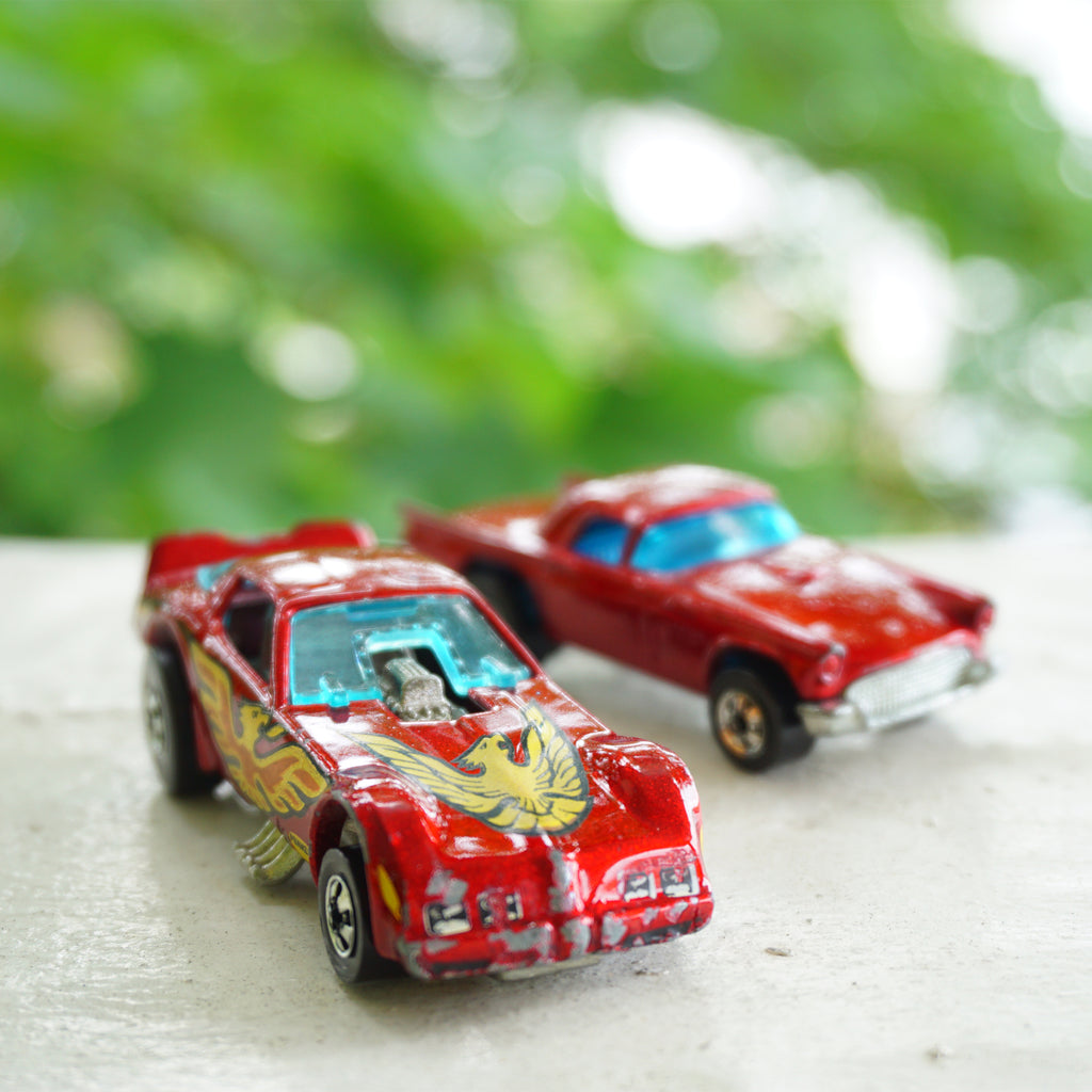 1977 Lot of 2 Vintage HOT WHEELS Firebird Funny Car & '57 Ford T-Bird Red Cars. Made by Mattel, Inc.