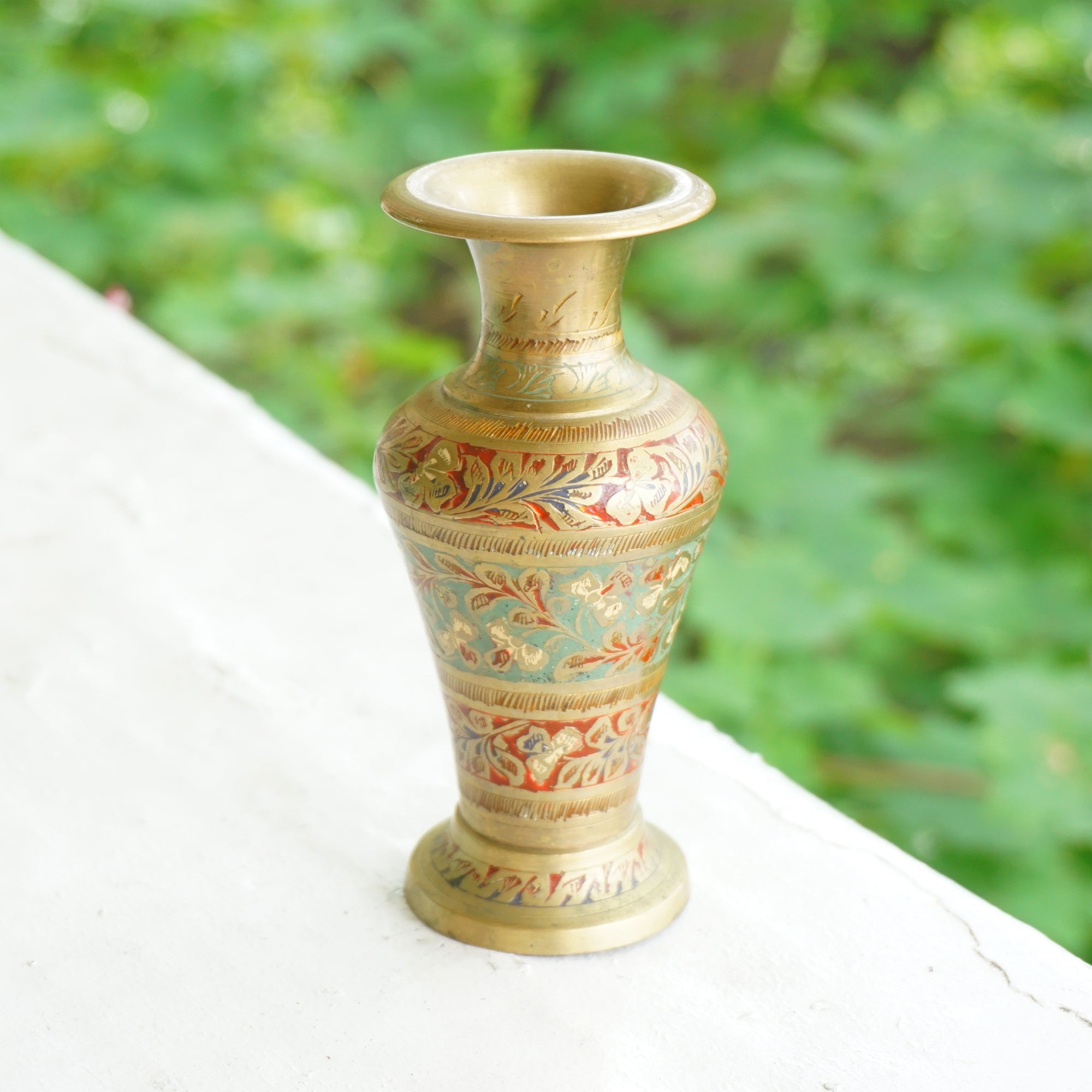 Vintage Etched Brass Gold And Black Enameled Vase From India