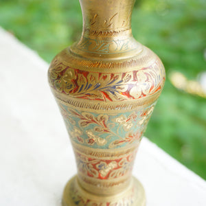 Vintage Solid Brass Black Gold Hand Etched Flower Design Tall Vases - Set  of 2