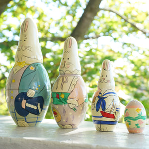 Vintage 4 Easter Bunny Wooden Nesting Dolls. Bunny Family with Mama, Papa, Son and Egg.