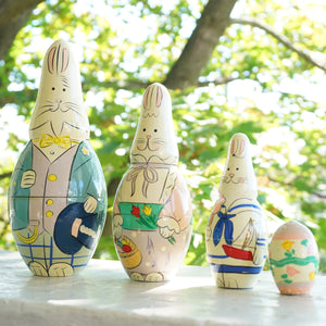 Vintage 4 Easter Bunny Wooden Nesting Dolls. Bunny Family with Mama, Papa, Son and Egg.