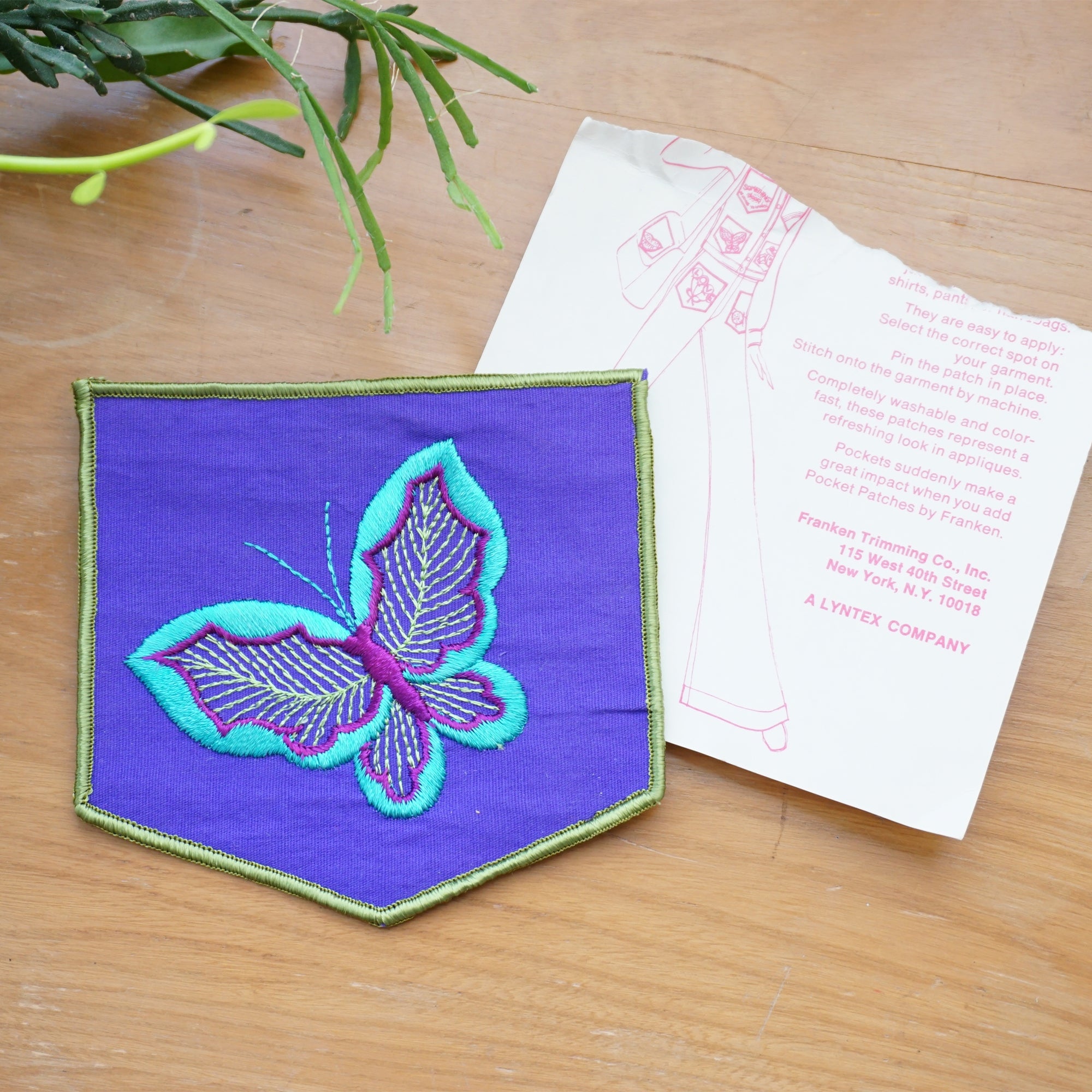 1980s Vintage Pocket Shaped Jewel Toned Embroidered Clothing Patch with Butterfly