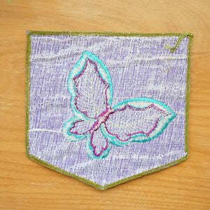1980s Vintage Pocket Shaped Jewel Toned Embroidered Clothing Patch with Butterfly