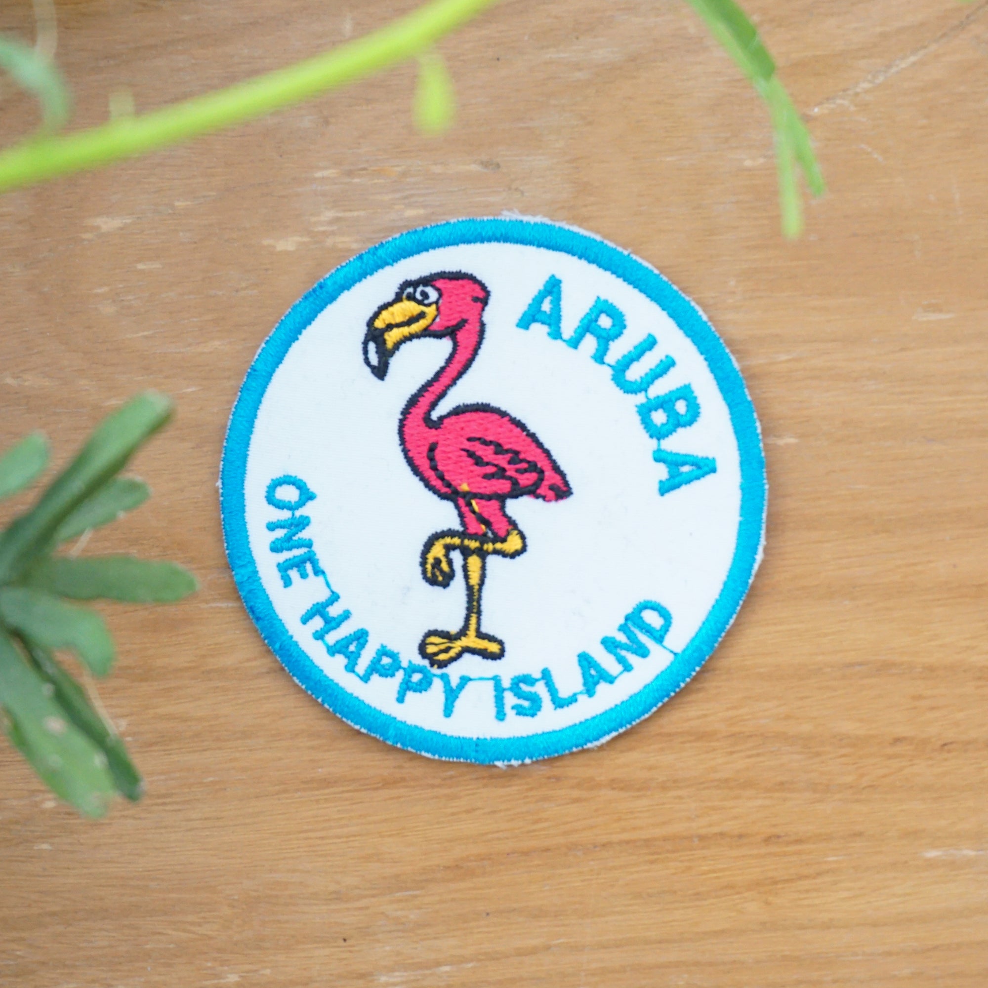 Vintage 2.75" "Aruba One Happy Island" Embroidered Clothing Patch with Pink Flamingo
