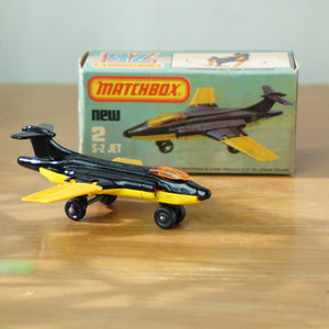 1981 Vintage Diecast MATCHBOX 75 Yellow and Black S-2 Jet 2 Mint in Box. Made in England by Lesney