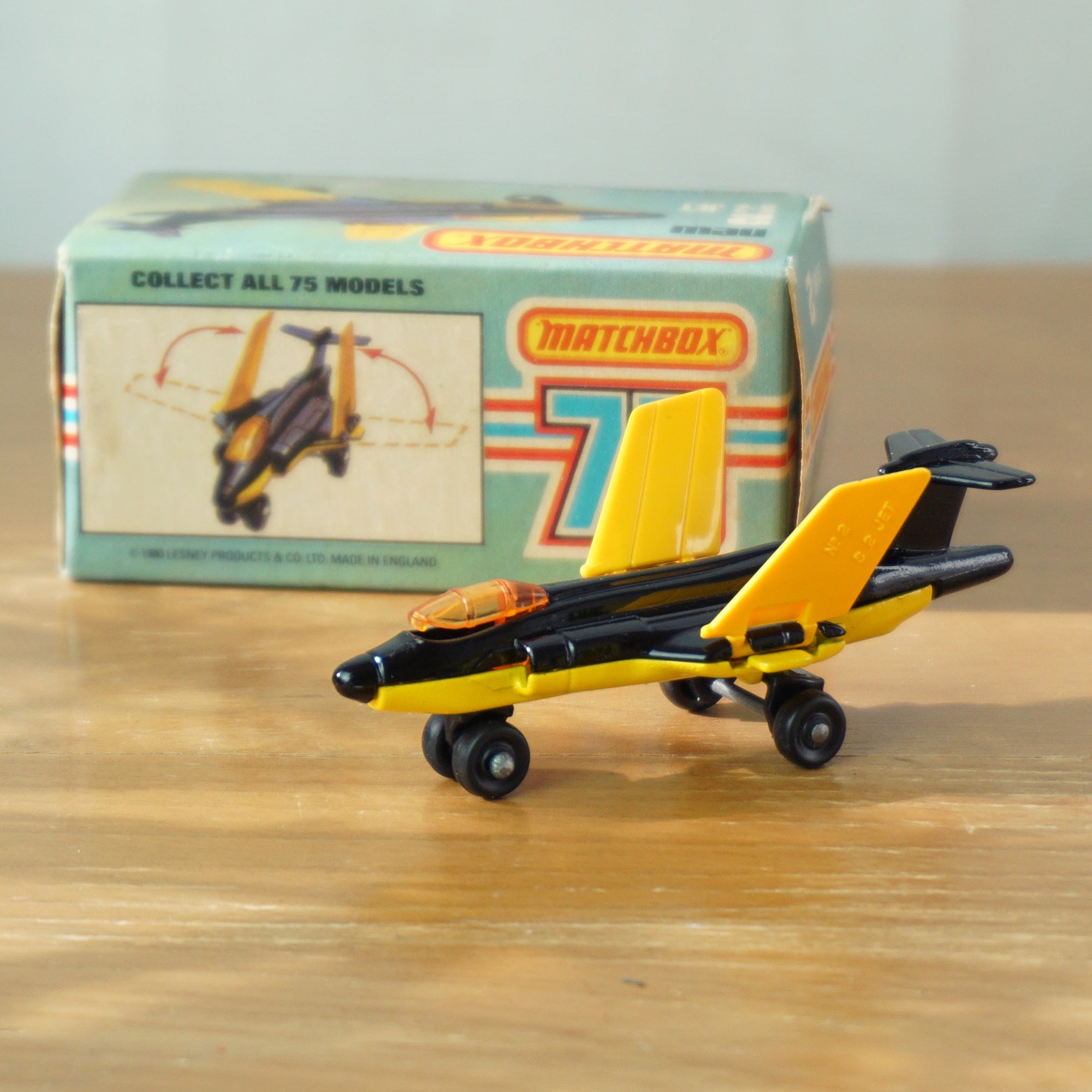 1981 Vintage Diecast MATCHBOX 75 Yellow and Black S-2 Jet 2 Mint in Box. Made in England by Lesney