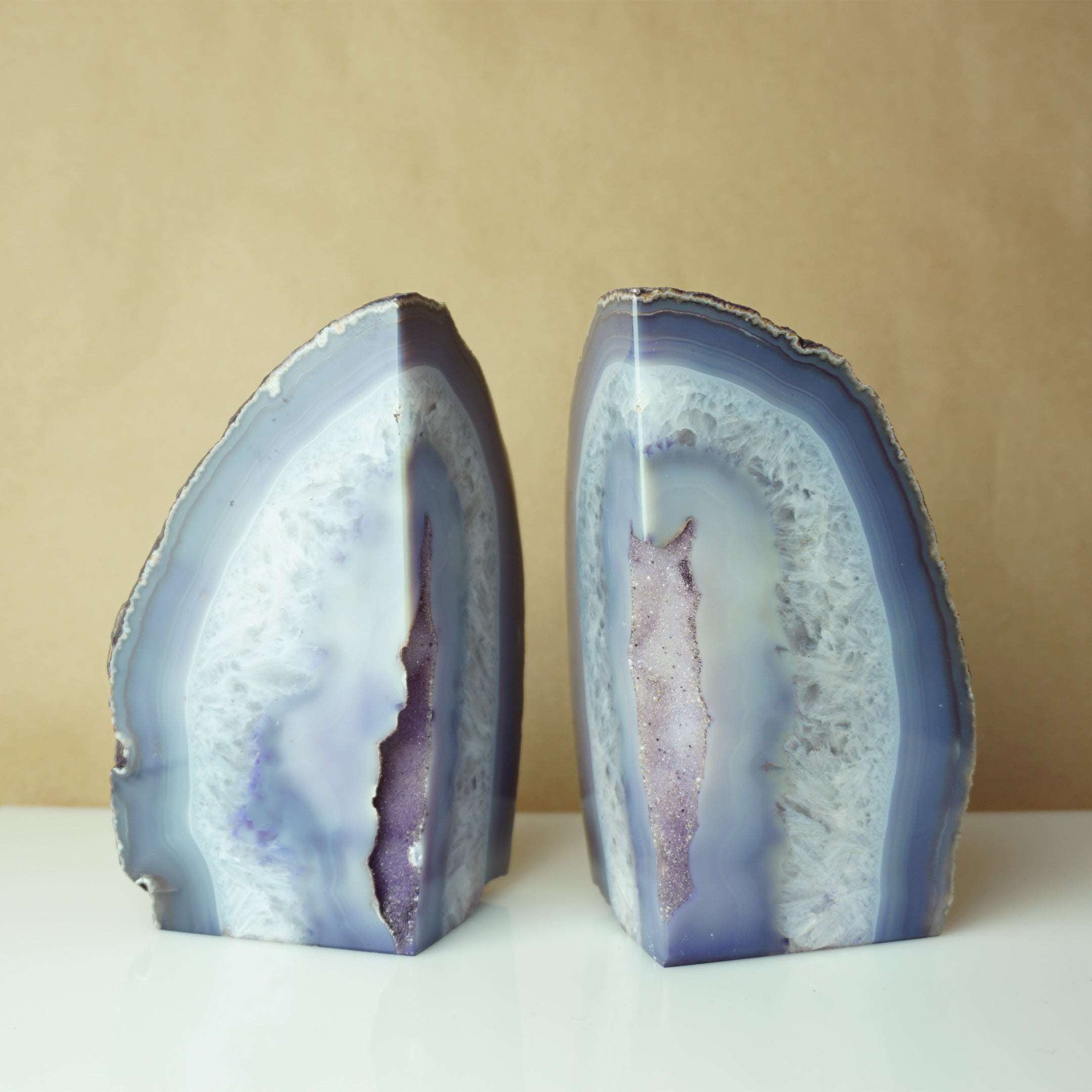 Vintage 5 lbs Unique Natural Polished Violet Agate Bookend Pair. 6" tall Bohemian Decor.