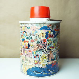 Vintage Tin SKOTCH KOOLER Thermos with ESSO Oil Advertising & Cartoon Map