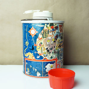 Vintage Tin SKOTCH KOOLER Thermos with ESSO Oil Advertising & Cartoon Map