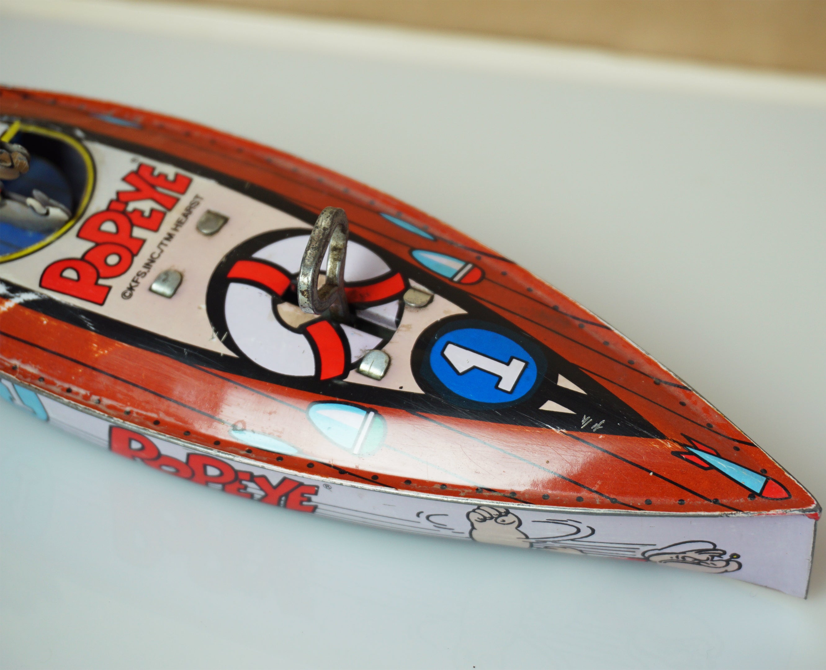 1996 Vintage Tin Litho SCHYLLING Popeye Speedboat #1. 