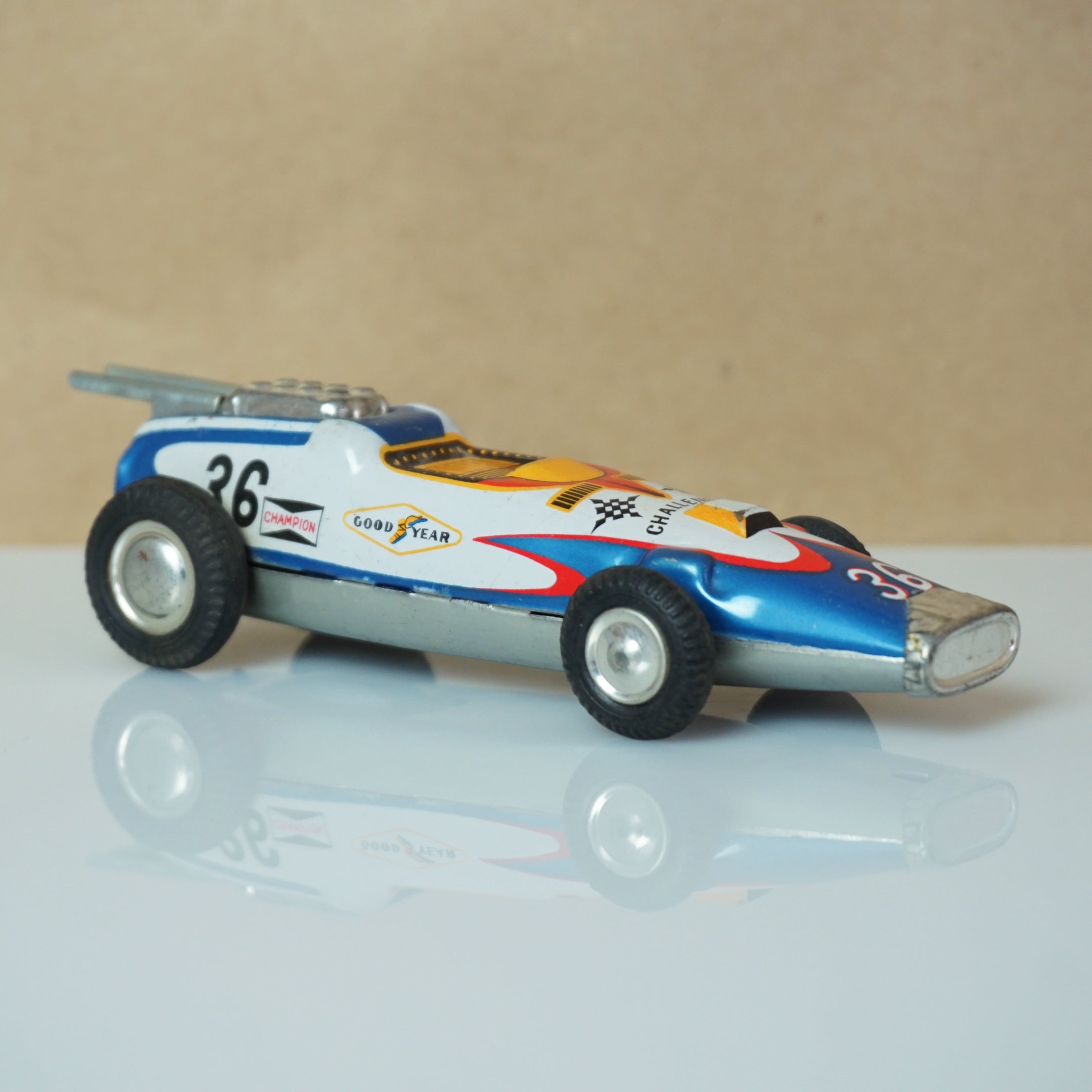 Vintage Tin Litho TAKATOKU (T.T Japan) Challenger Wind-up Indie Race Car #36