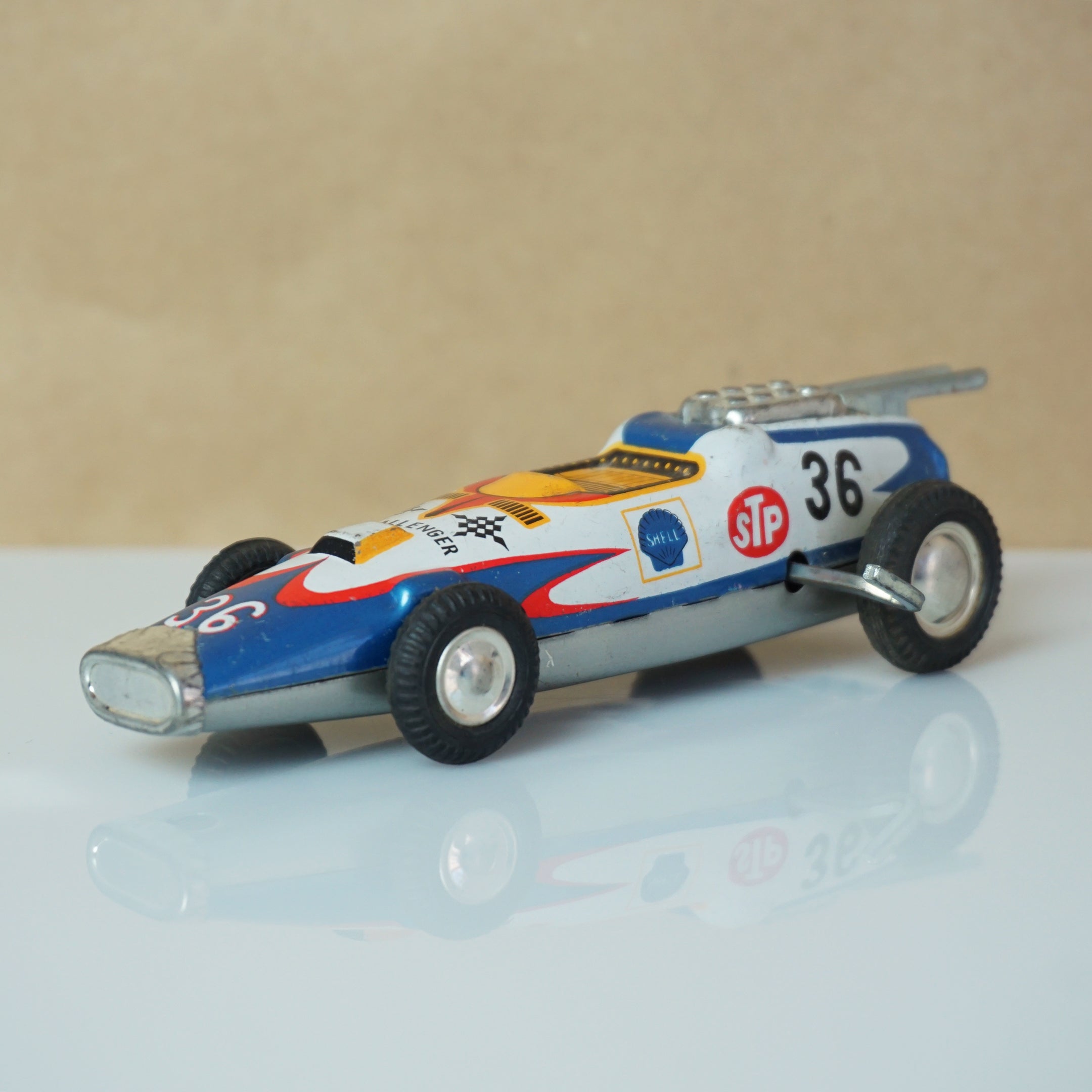 Vintage Tin Litho TAKATOKU (T.T Japan) Challenger Wind-up Indie Race Car #36