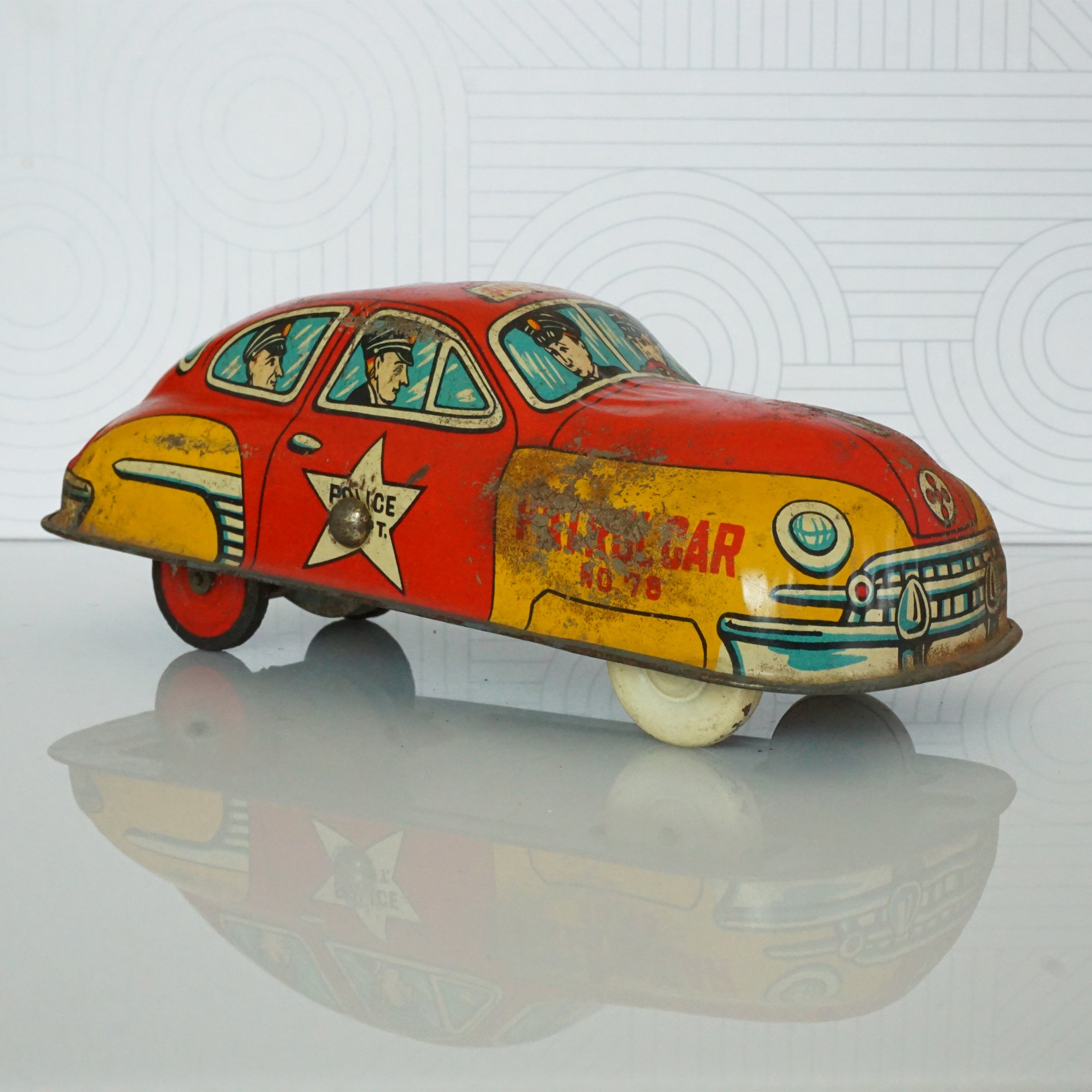 1950s Vintage Tin Litho CRAGSTAN TOYS Red Police Car #78. Made in Japan.
