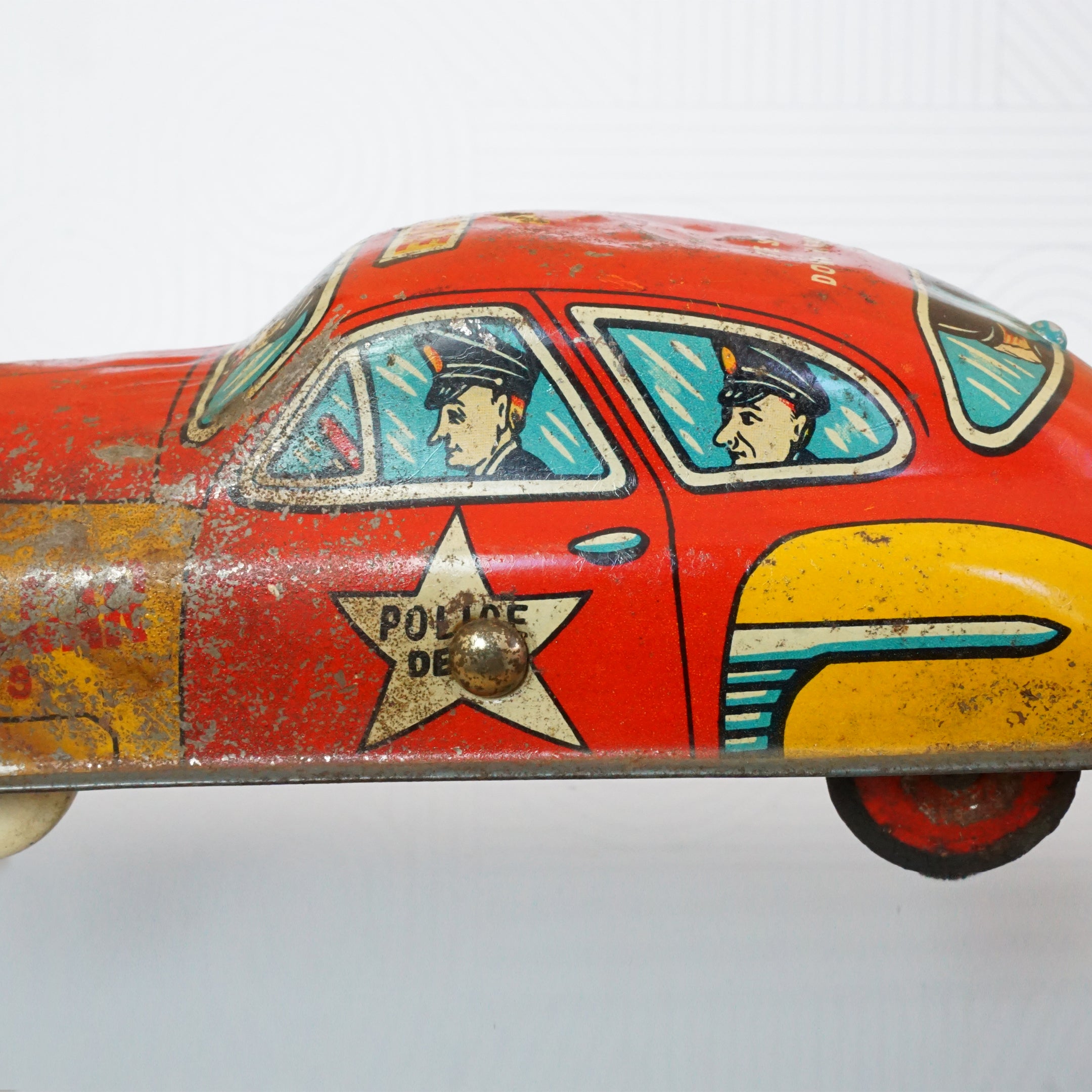 1950s Vintage Tin Litho CRAGSTAN TOYS Red Police Car #78. Made in Japan.