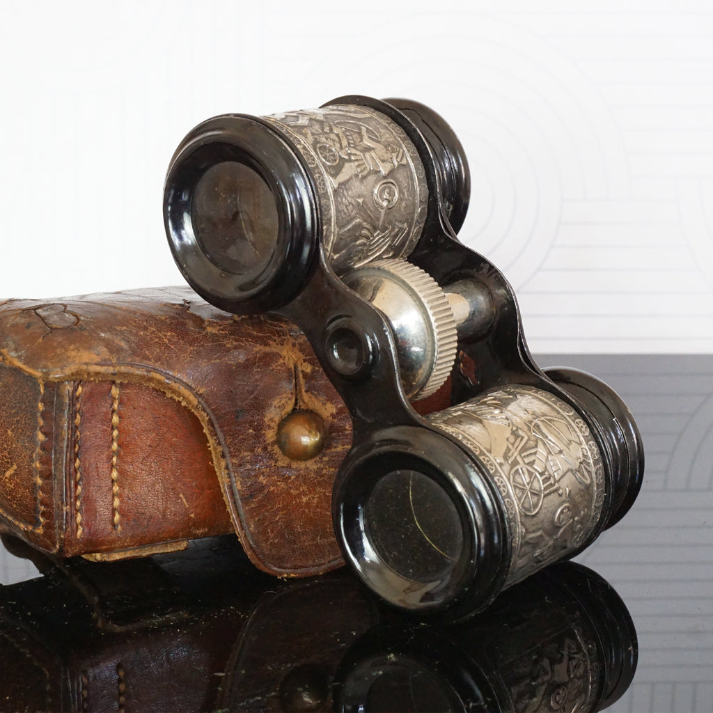 Antique Silver and Black Tone Binoculars/ Opera Glasses showing Ancient War