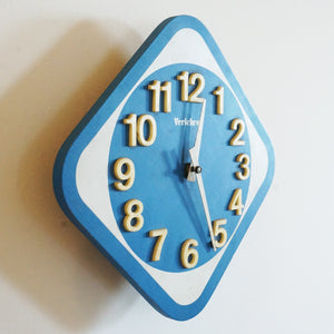 1980s Vintage VERICHRON Blue and White Diamond Wooden Wall Clock. Japan.