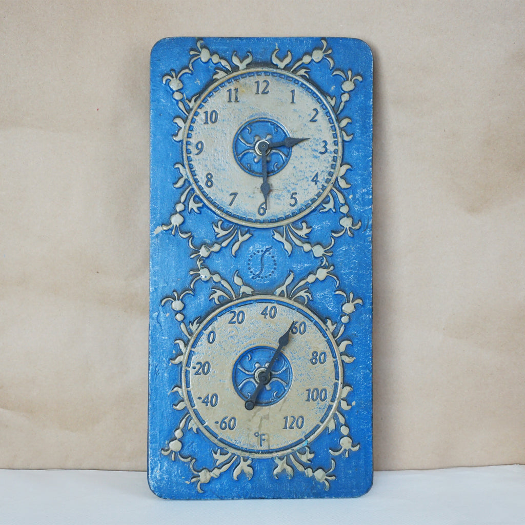 Vintage Large Metal Blue Battery Wall Clock & Thermometer Decorated with Flowers