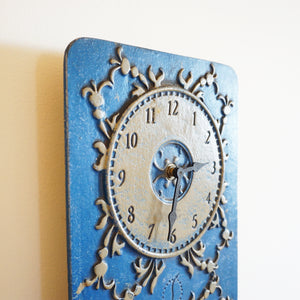 Vintage Large Metal Blue Battery Wall Clock & Thermometer Decorated with Flowers