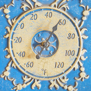 Vintage Large Metal Blue Battery Wall Clock & Thermometer Decorated with Flowers
