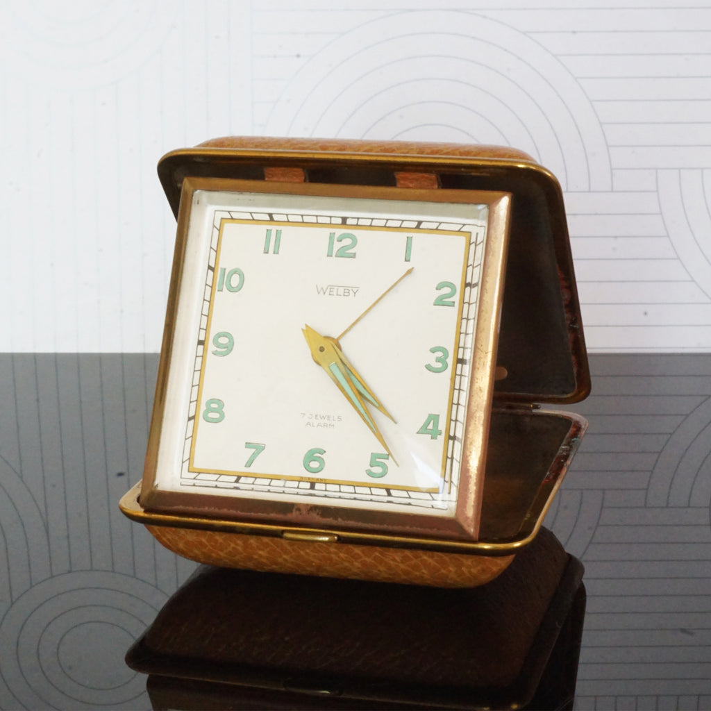 1960s Vintage WELBY Luminous Travel Alarm Clock in Case. Germany U.S. Zone.