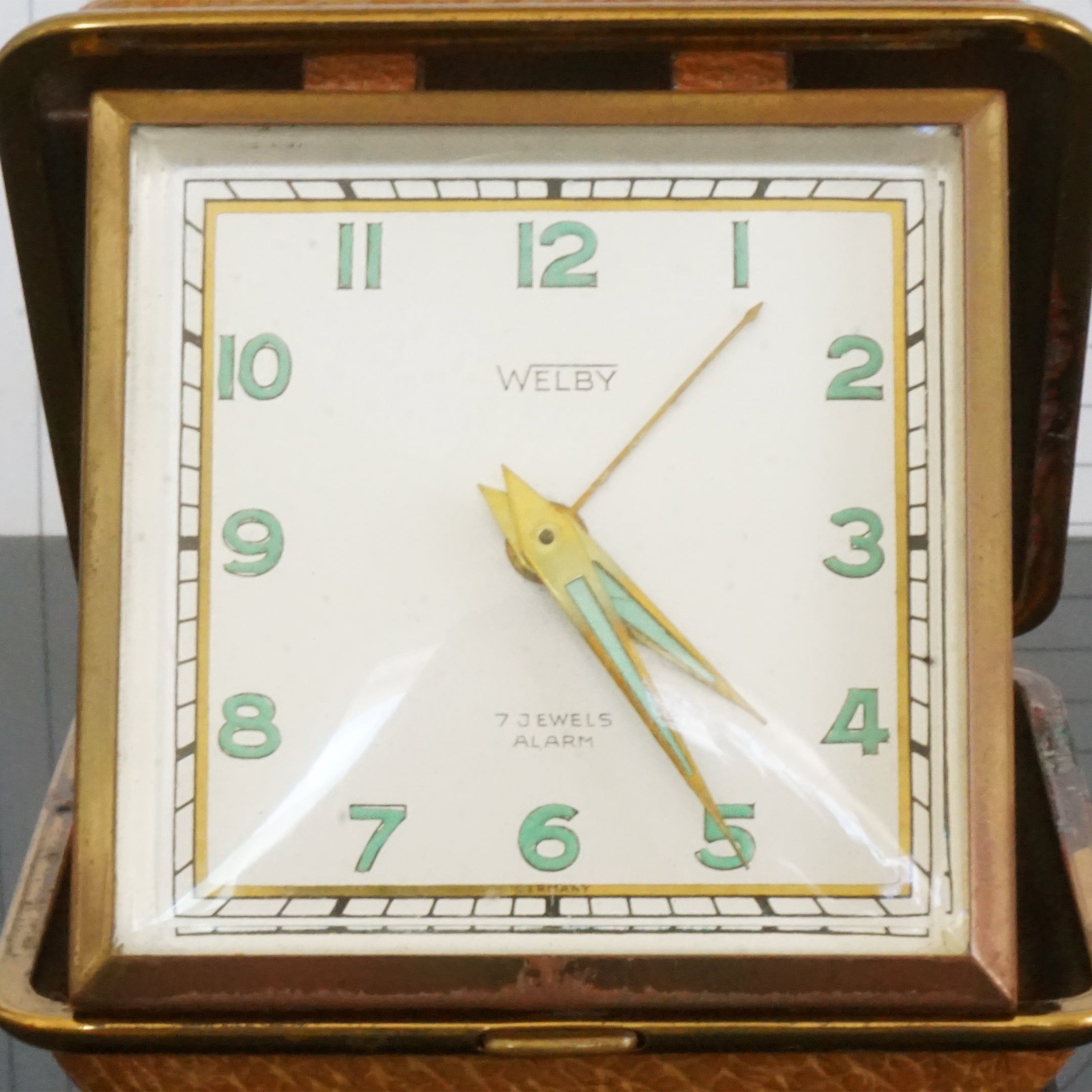 1960s Vintage WELBY Luminous Travel Alarm Clock in Case. Germany U.S. Zone.