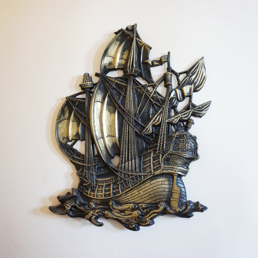 Vintage 27" Pirate Ship Cast Iron Wall Hanging Nautical Art 1127. Made in Japan.