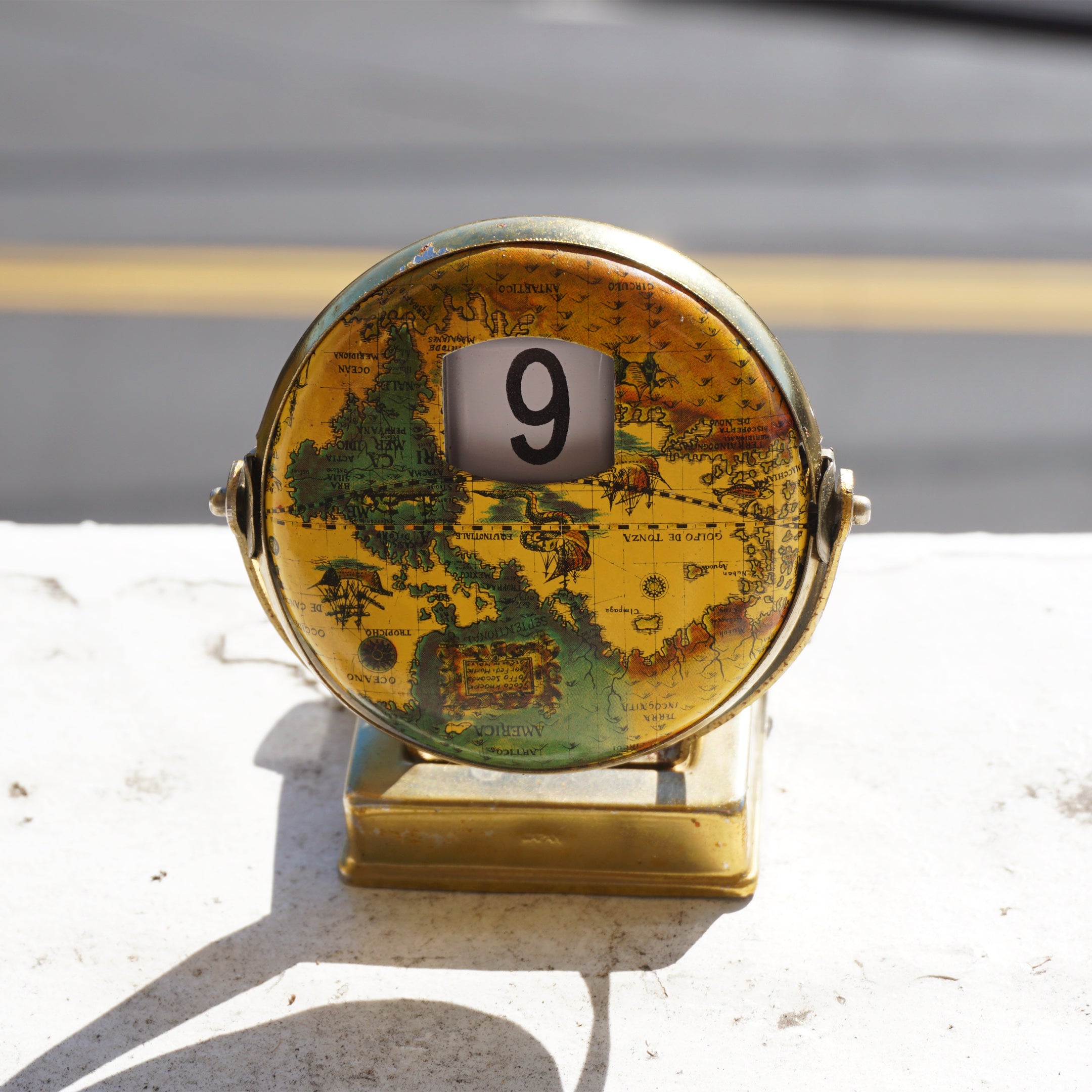 Vintage Tin Day/Date Perpetual Flip Map/Globe Desk Calendar. Made in Japan.