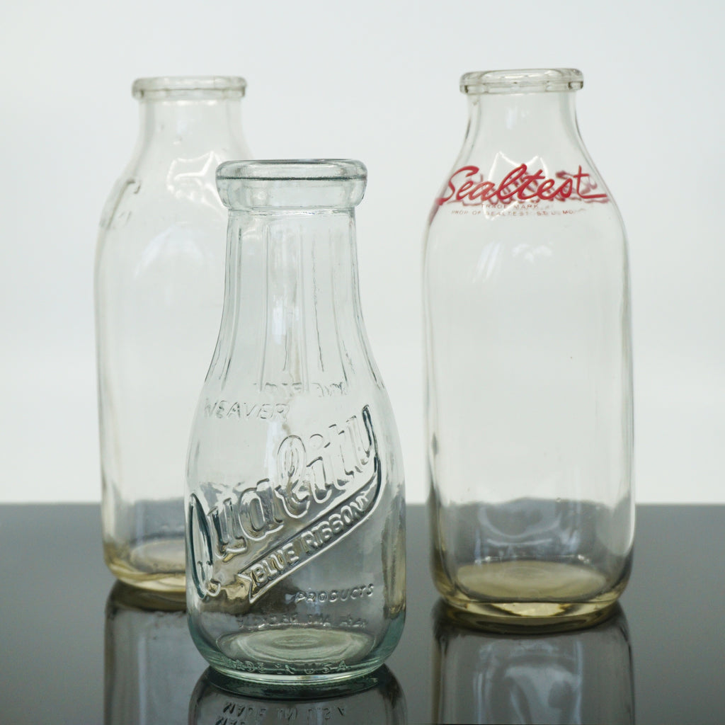 Set of (3) Authentic Mid-Century Vintage Milk Bottles. All Made in USA.