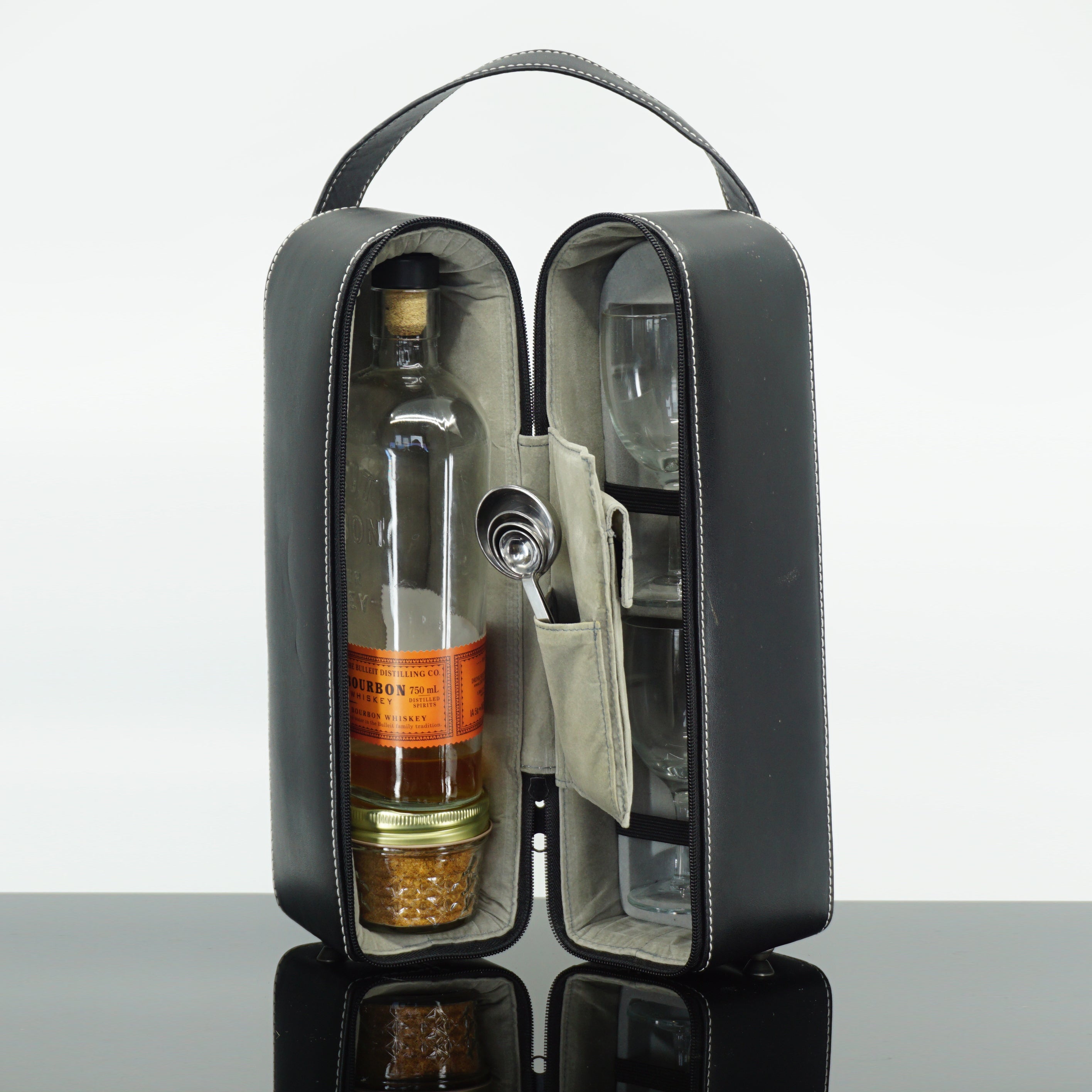 Wine or Liquor Bottle Caddy with 2 Wine Glasses & Bar Tool Pocket in Leather Presentation Case