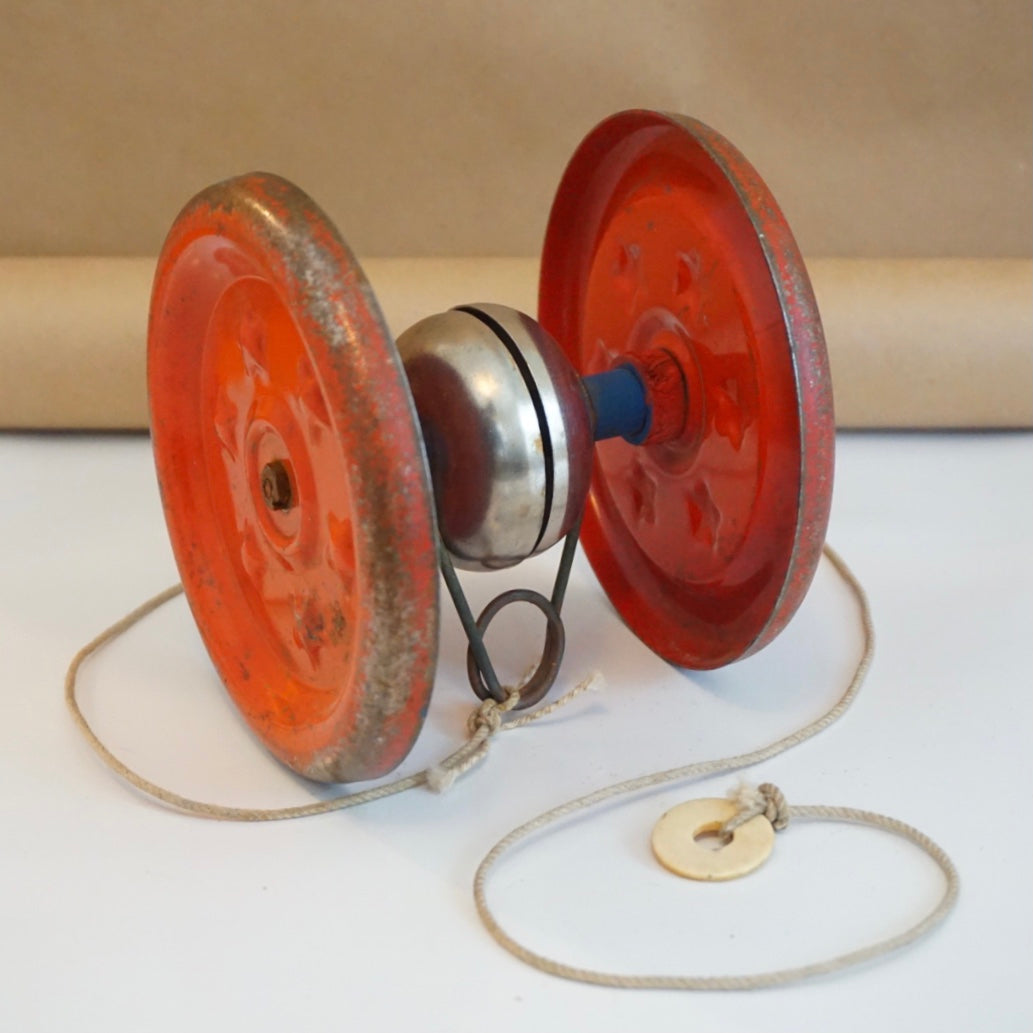 1940s Vintage Gong Bell with Red Wheels & Stars Pull Toy with