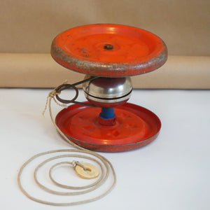 1940s Vintage Gong Bell with Red Wheels & Stars Pull Toy with wooden Axel