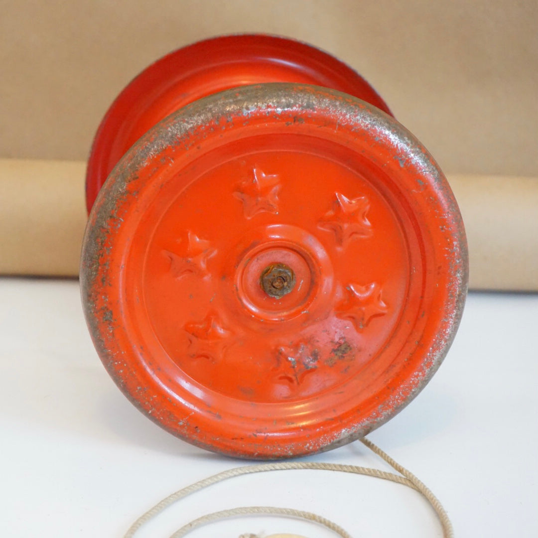 1940s Vintage Gong Bell with Red Wheels & Stars Pull Toy with wooden Axel