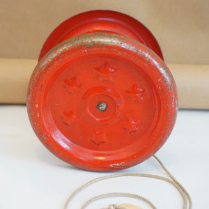 1940s Vintage Gong Bell with Red Wheels & Stars Pull Toy with wooden Axel